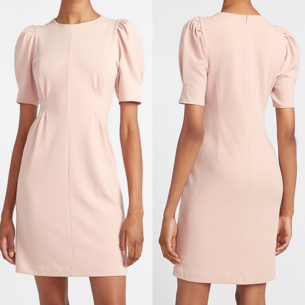 NWT Express Blush Pink Puff Sleeve Sheath Dress STRETCHY short sleeve medium M